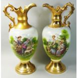 A pair of large ornate jugs by A G Harley Jones, depicting farming scenes, gilt scroll handles, neck