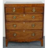 A Victorian mahogany bow front chest of two short over three long drawers, bun handles, turned feet,