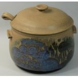 A studio pottery soup tureen with ladle, by Ceramic Projects, York with stylised tree glazed