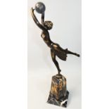 An Art Deco style bronze ball girl statue, unsigned, with marble ball and plinth, 36 cm.