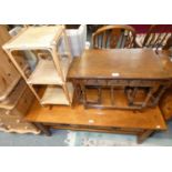 An oak nest of tables, oak occasional table and a wicker shelf unit (3).