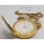 A manual wind gold plated Rotary pocket watch with chain and fob, with Arabic numerals, length of