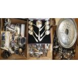 A quantity of electroplate, to include cutlery, tankards, serving trays and various other items (3).