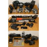 Three boxes of photographic equipment including Canon, Olympus, cameras, lenses, cine cameras and
