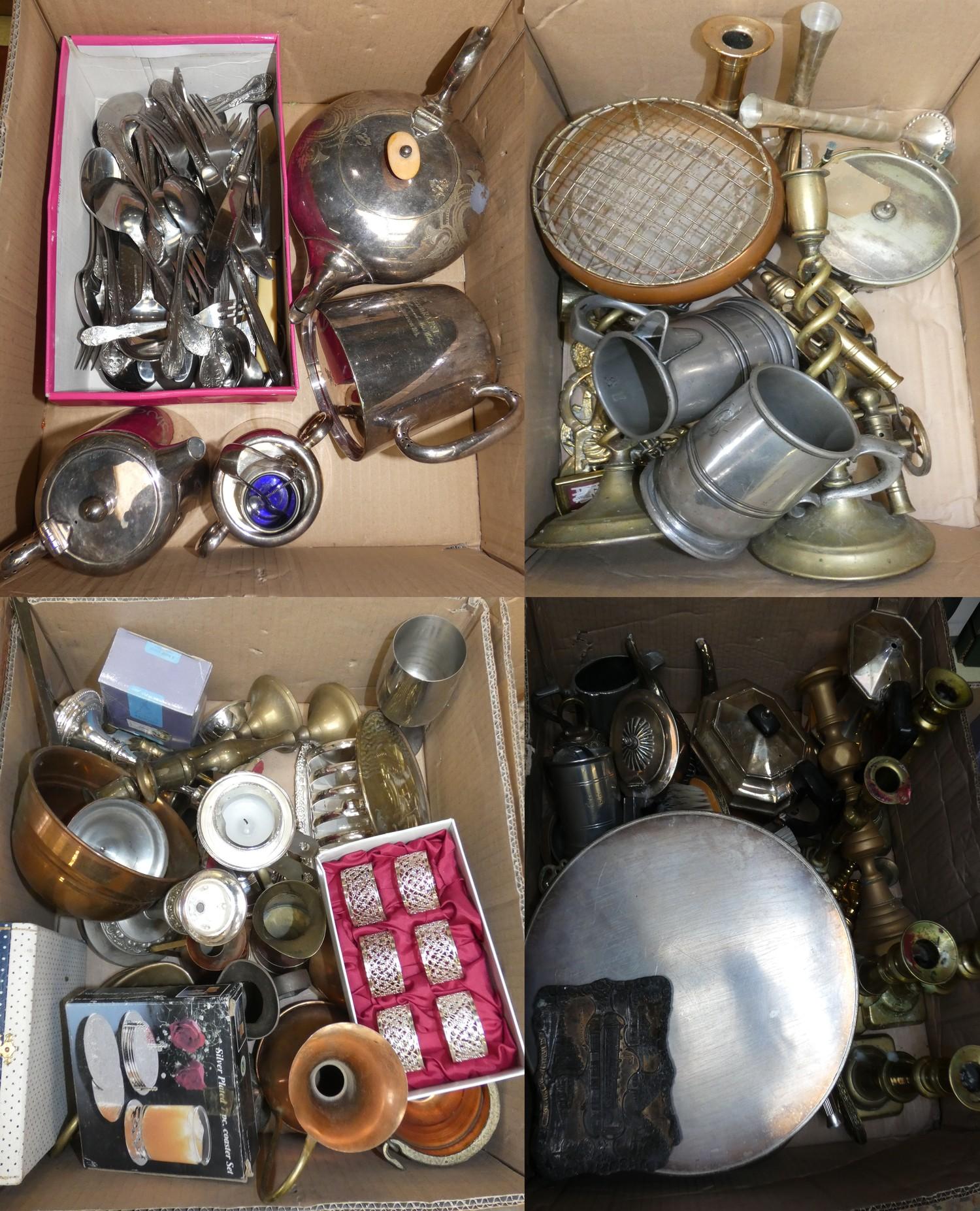 A quantity of electroplate and brass ware, to include several brass candle sticks, teapot, cutlery