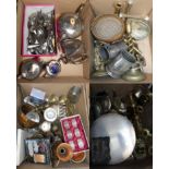 A quantity of electroplate and brass ware, to include several brass candle sticks, teapot, cutlery