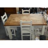 A painted pine dining table and four painted pine chairs, 150cm long, 90cm wide (5).