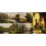 Two pairs of unsigned oil on canvas paintings, together with an oil on board 'Children Playing',