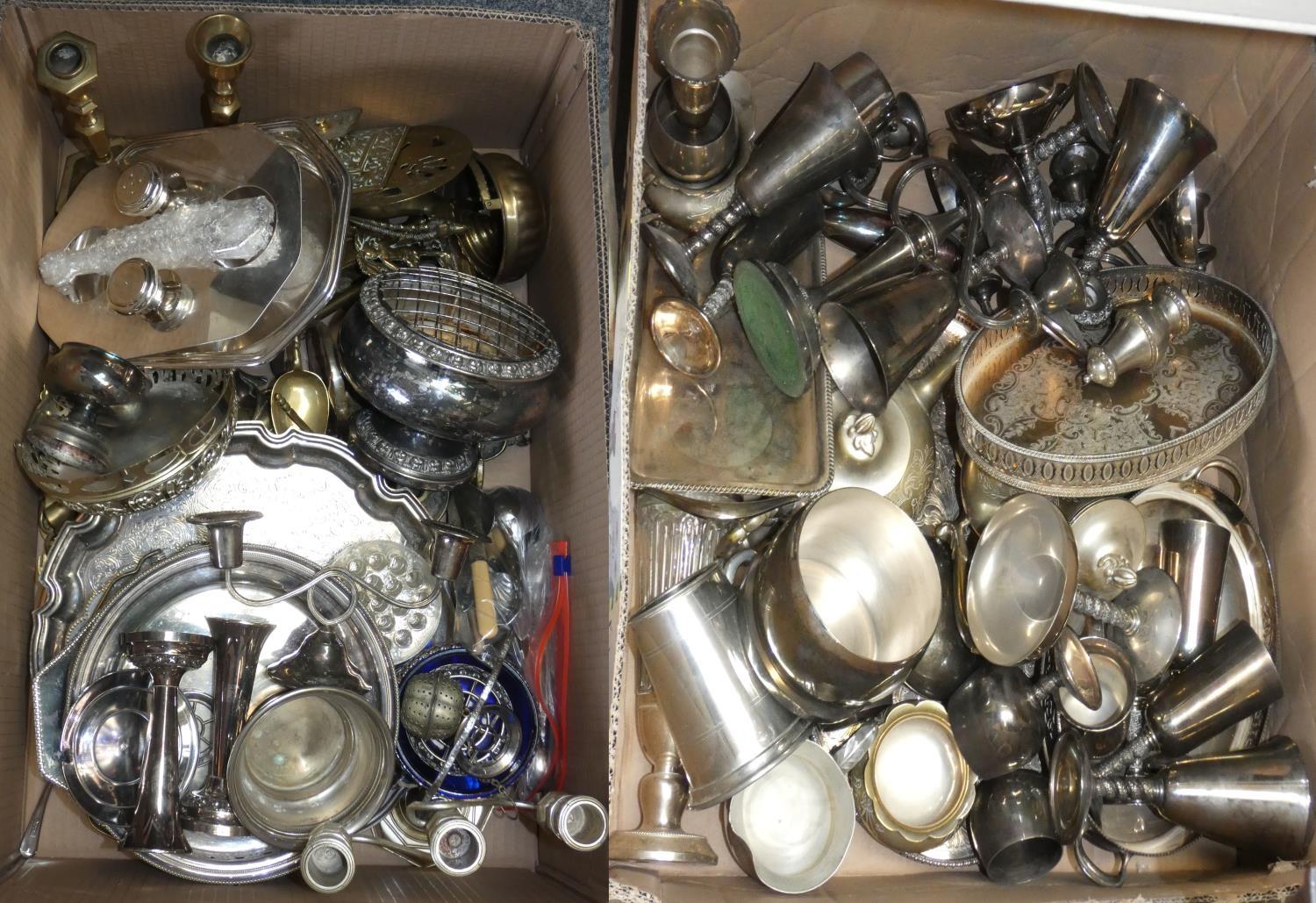 A quantity of electroplated wares, to include a pair of brass candle sticks with various other