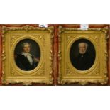 A pair of oil on board portraits, gilt surrounds, 28 x 26cm (2).