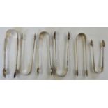 Six assorted silver sugar tongs, of varied sizes (6).