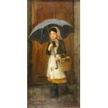 19th century continental school, girl with umbrella, oil on canvas, signed indistinctly, 41 x 20 cm.