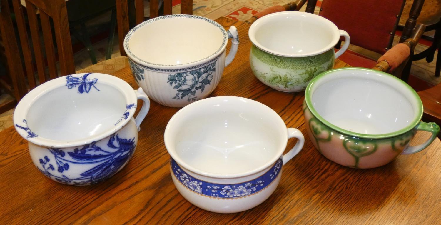 Two Victorian blue and white chamber pots and eight other examples (10). - Image 2 of 3