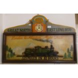 A wooden plaque advertising 'Great Northern Railways', incoporating a quartz clock, 80 x 52cm.