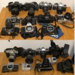 A quantity of cameras, lenses and equipment including Minolta, Pentax, Chinon, Ricoh and others,