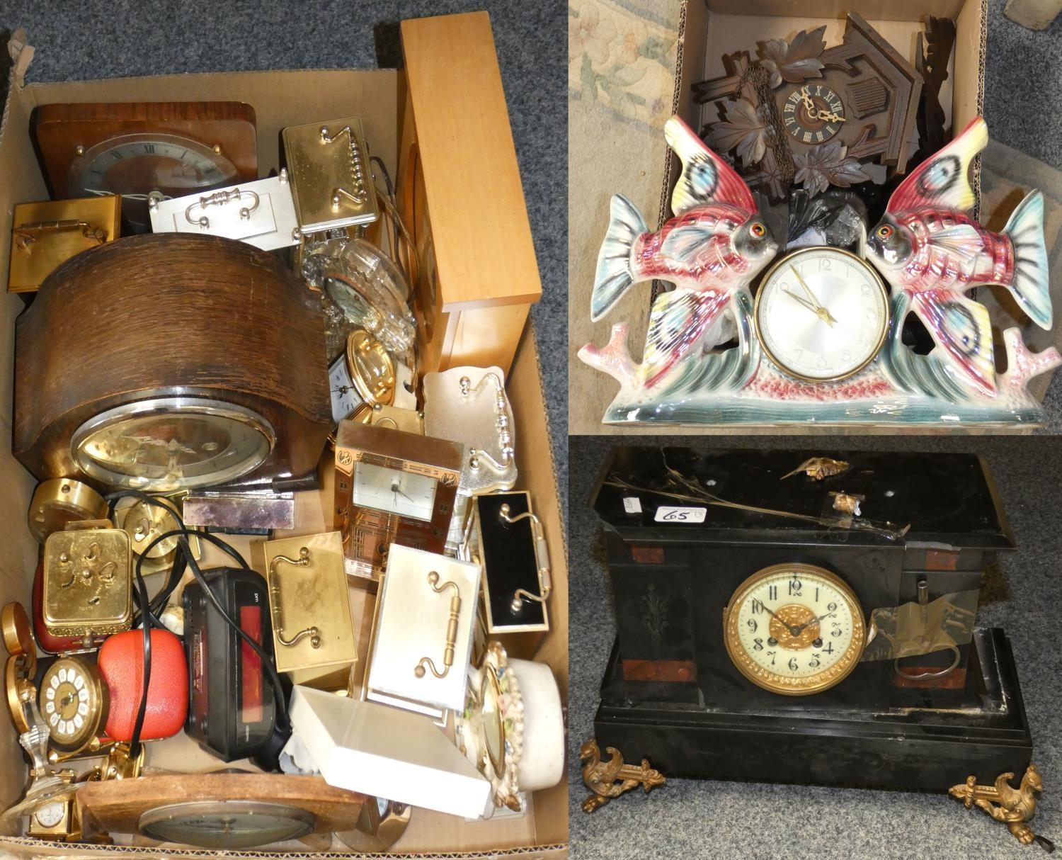 A quantity or various clocks, to include carriage, mantle, travelling, together with a black slate