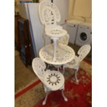 Painted cast metal garden table and four matching chairs, together with three deck chairs (8).