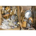 A quantity of electroplate and brass ware,to include a pair of brass oil lamps, plated serving