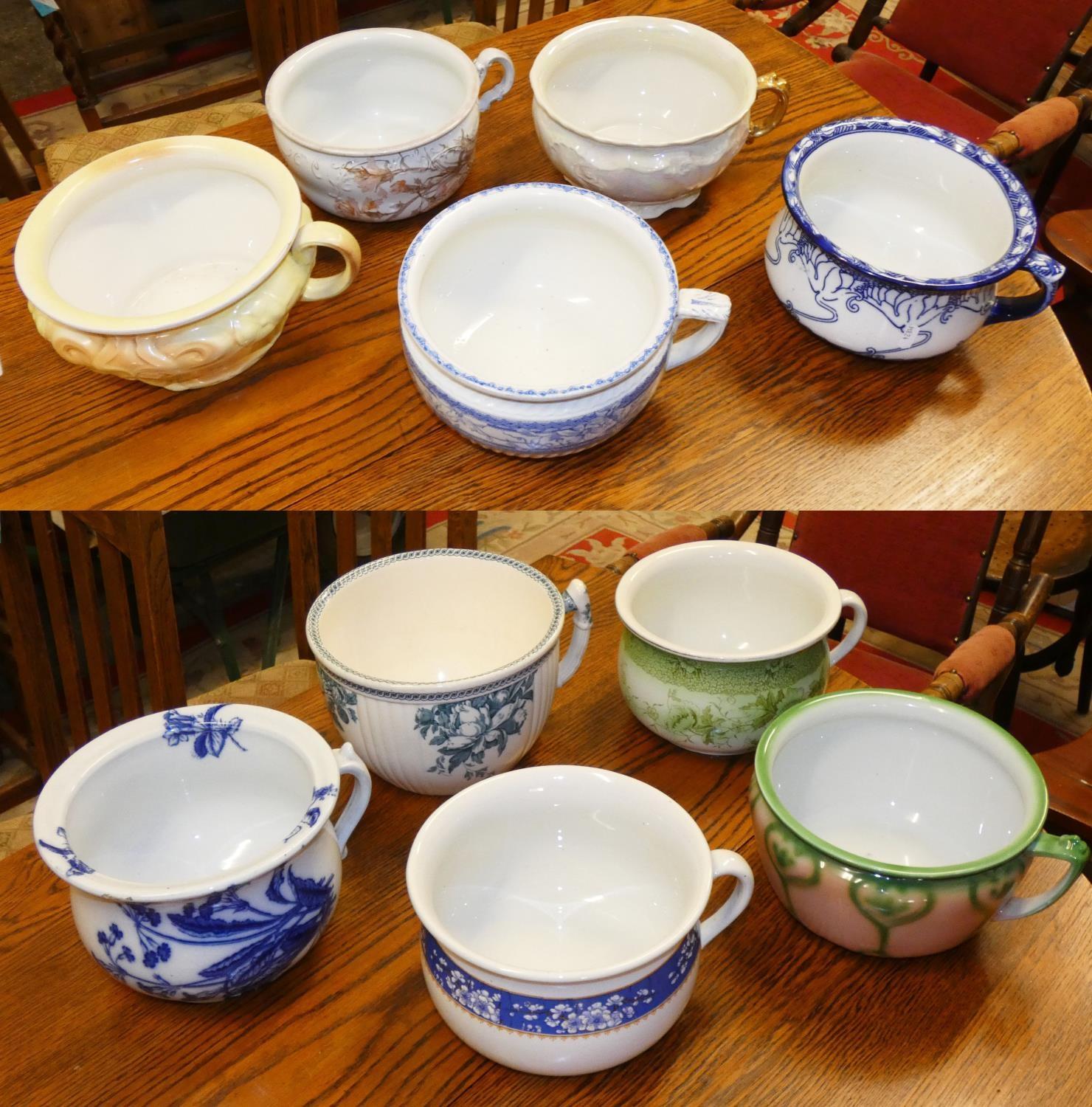 Two Victorian blue and white chamber pots and eight other examples (10).