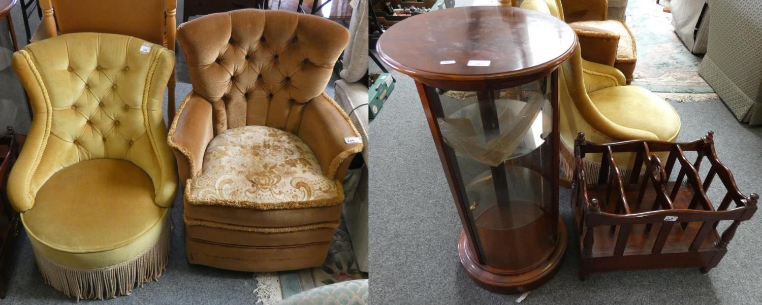 Two button backed bedroom chairs, a magazine rack and a display unit (4).