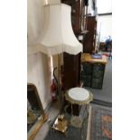 A brass standard lamp with shade, together with a brass and marble jardiniere stand (2).