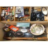 Ebony dressing table set, pen knives, fishing reel, Stanley plane, vintage cycle lamp, Myth and