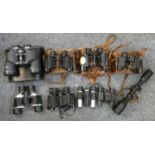 A collection of eight vintage binoculars to include Stellar Famous Precision Deluxe Quality, Bosch-