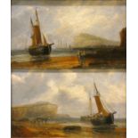 A pair of gilt framed oil on canvas paintings, depicting fishing boats, 37 x 27cm.
