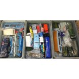 Three boxes of assorted unboxed die-cast models, to include Corgi; Carrimore Car Transporter, Ford