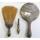 A silver mounted table brush Birmingham import 1906, a silver wax holder Birmingham 1903 and a