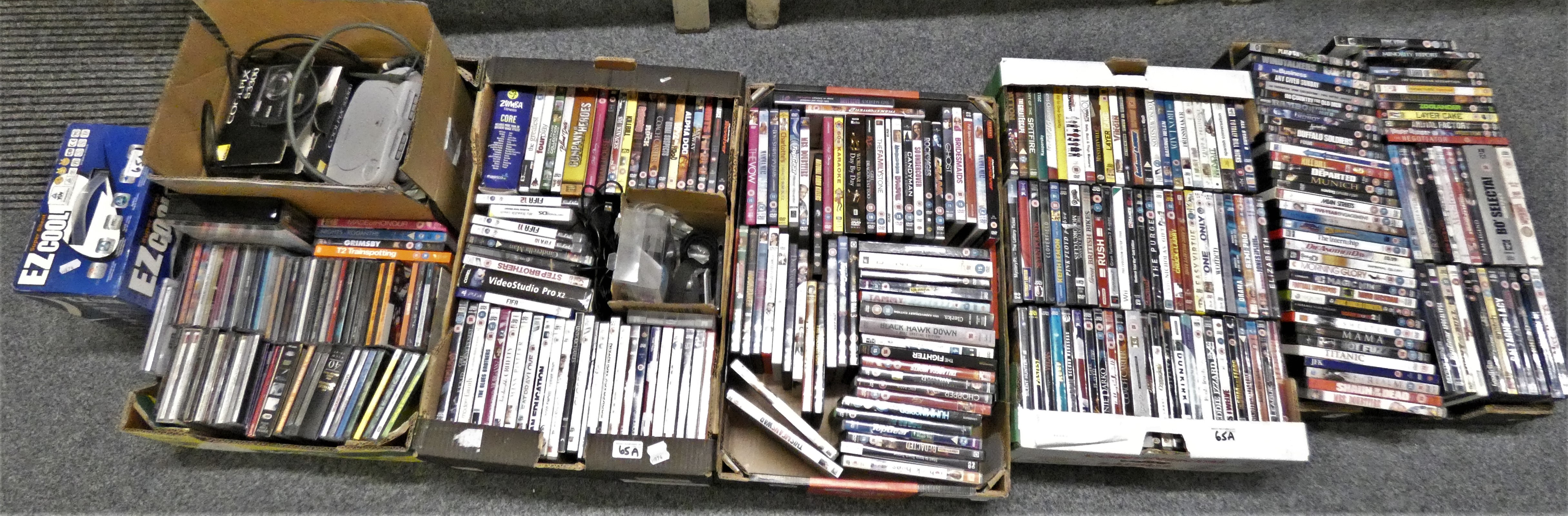 Five boxes of DVD's, CD's, games and various other items