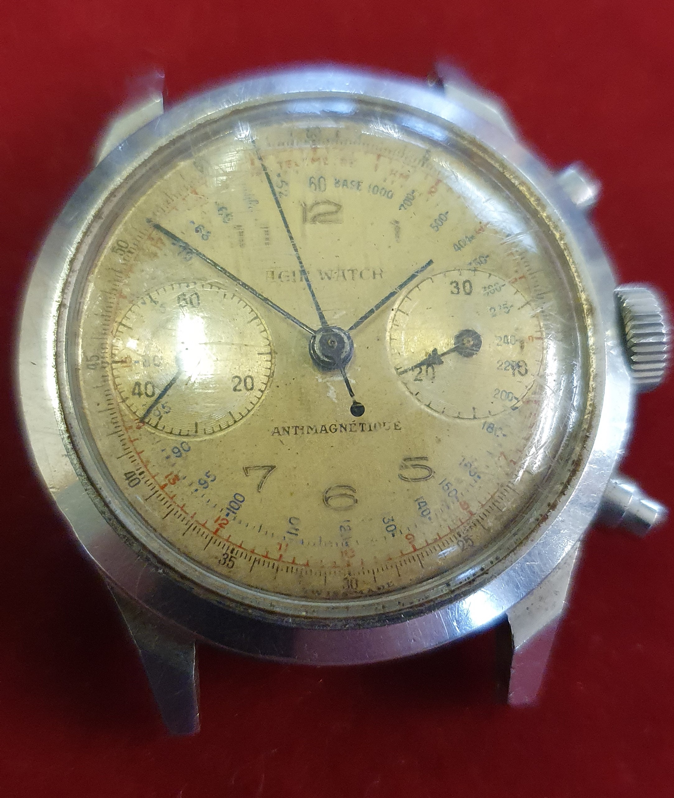 Agir Watch, a stainless steel manual wind chronograph wristwatch, circa 1950's, the off white dial - Image 6 of 7