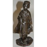 A Japanese Meiji period bronze okimono of a lady carrying a vessel, signed to the base, 25 cm.