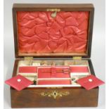 A Victorian mahogany sewing box, with brass and abalone shell inlay, opening to reveal a drop down