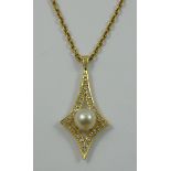 An 18ct gold pearl and diamond pendant, the 8 mm cultured pearl, set in a navette frame, set with