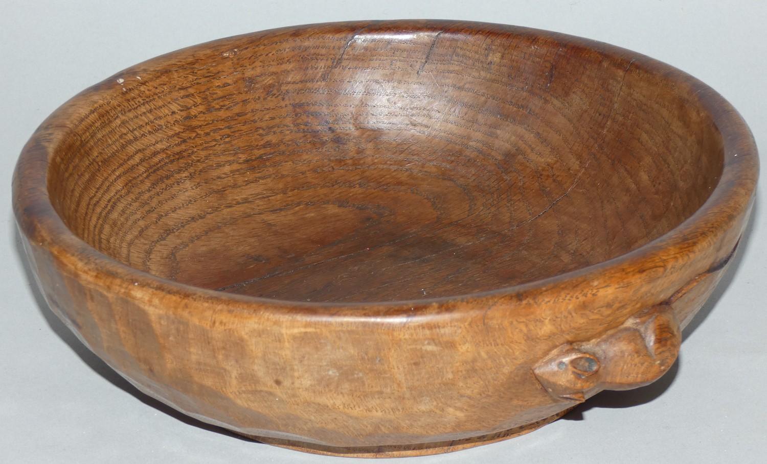 Robert Mouseman Thompson (1876-1955), an oak circular fruit bowl, probably pre war, adzed exterior