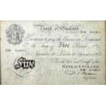 A black and white Five Pound note, signature: P.S. Beale, London 16 September 1950, prefix S59,