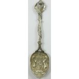 An Edwardian Scottish silver cast pictorial spoon, by Hamilton & Inches, Edinburgh 1903, the bowl