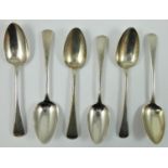 A George III silver set of old English pattern dessert spoons, various makers and dates, 6 oz.