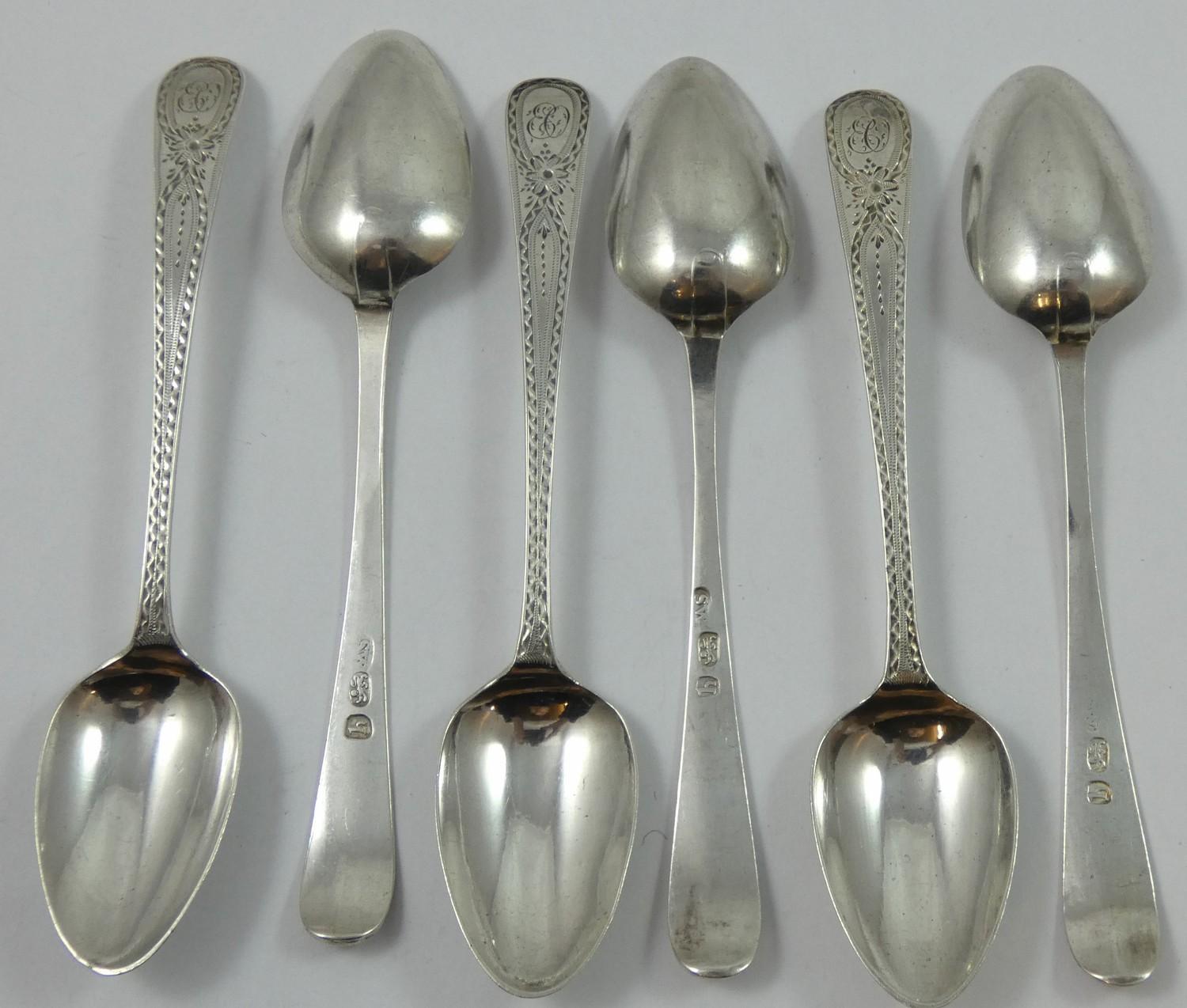 A George III silver set of six teaspoons by Samuel Wintle, London 1783, with bright cut engraved