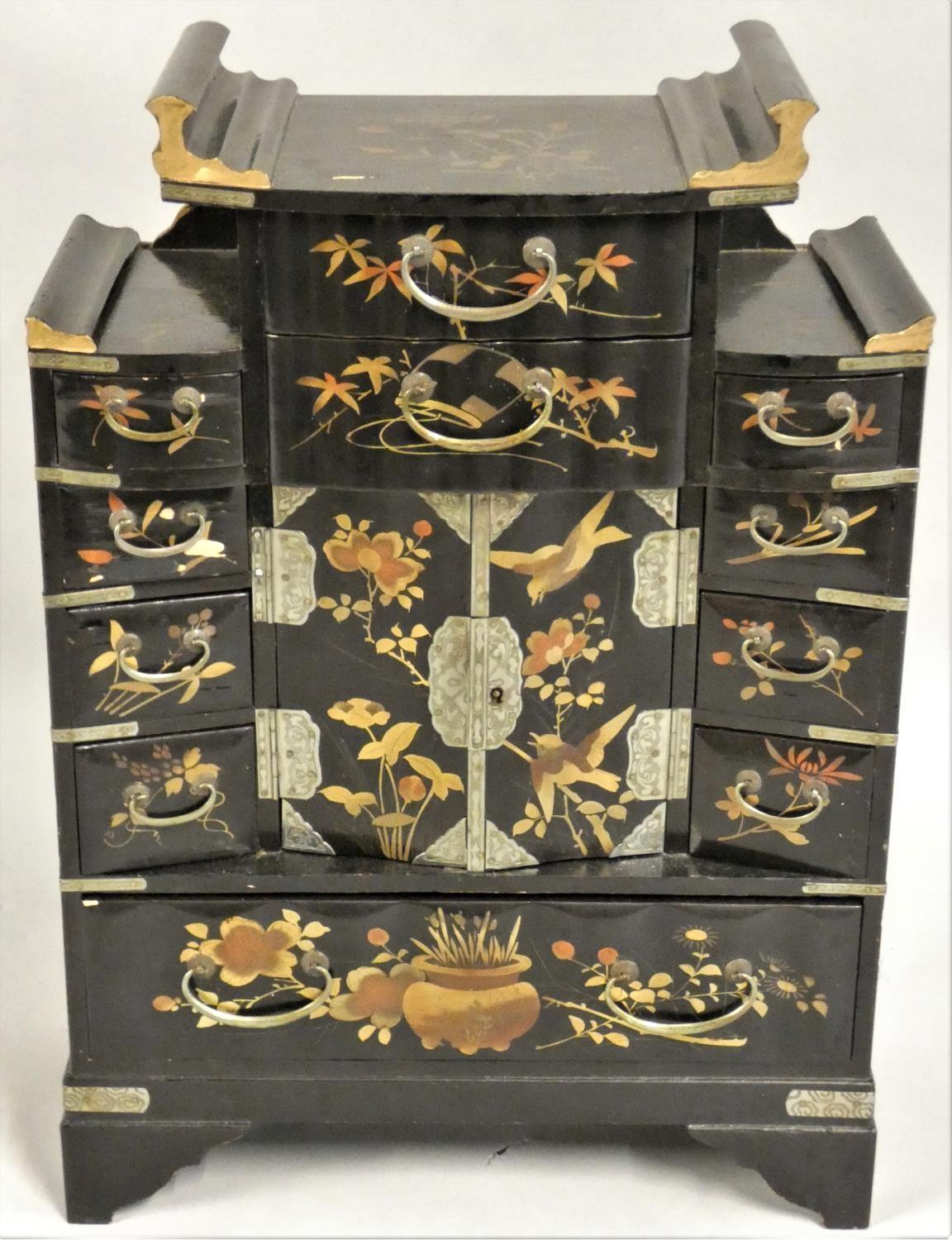 A Japanese jewellery cabinet, of vernacular form, with lacquer bird and foliage decoration, the