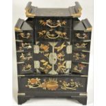 A Japanese jewellery cabinet, of vernacular form, with lacquer bird and foliage decoration, the