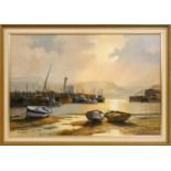 Don Micklethwaite (b. 1936): Scarborough Harbour, signed, oil on canvas, 50 x 75 cm.