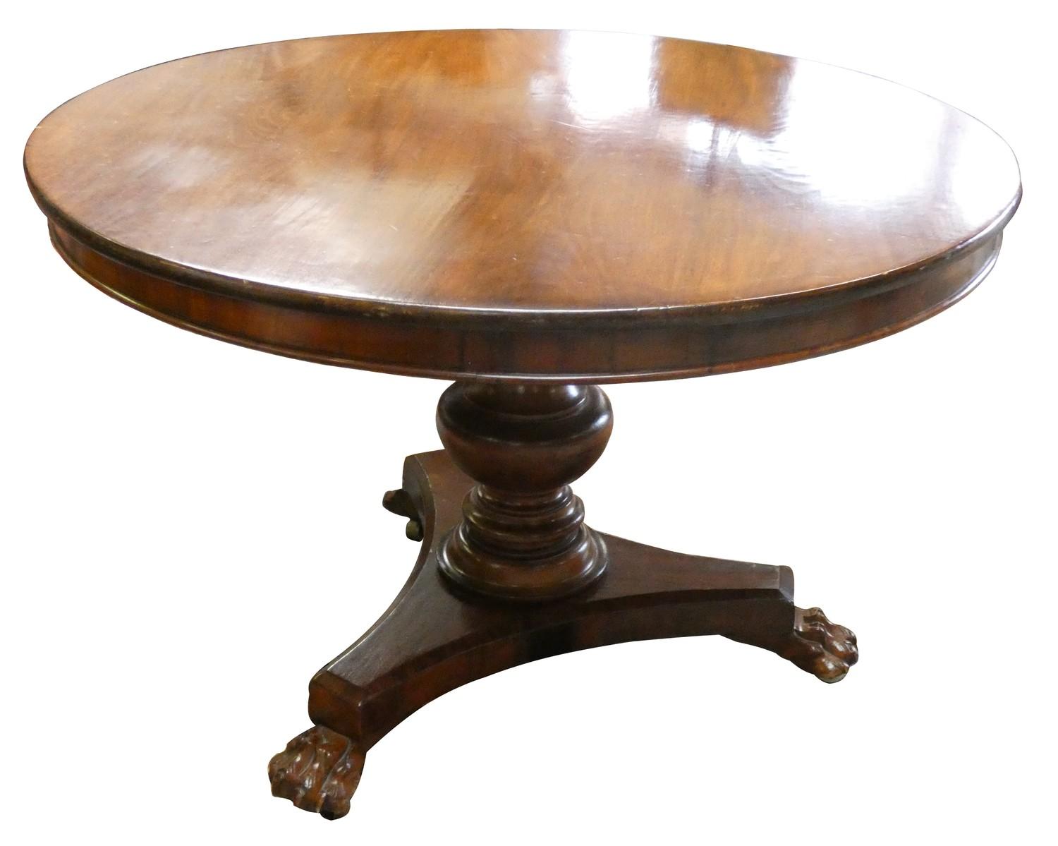 A Victorian mahogany tilt top circular dining table, raised on a baluster column with trefoil legs