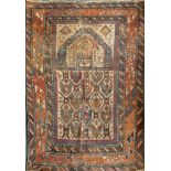 A Persian prayer rug, 125 x 91 cm together with a saddle rug with tassels to one side, 165 x 31