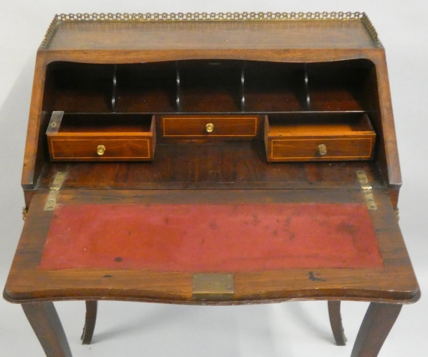 An Edwardian rosewood and inlaid Bonheur du Jour, the fall front with floral inlay, opening to - Image 2 of 2