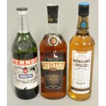 Morgan's Spiced Rum, 70cl, together with a 70cl bottle of Pernod and a 70cl bottle of Soberano