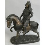 A Japanese large bronze statue of a mounted Samurai warrior with lance, the base signed T. Mifune,