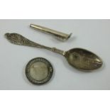 A Victorian silver National Chrysanthemum Society medal, 1891, a silver lapel flower holder,