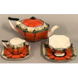 A Shelly Tall Trees and Sunset pattern three piece tea service, number 11513, comprising tea pot,